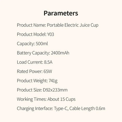 Portable juicer Fresh Juice Bottle Blender Plus 500ml Wireless Fruit Mixers 6 Blades 2400mAh Food Milkshake Ice Crush Cup - AMULET RING STORE