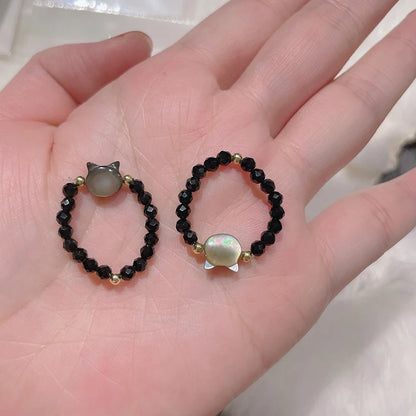 Natural Moonstone Obsidian Rings Beads Minimalist Fidget Ring Handmade Cute Black White Cat Ring Women Party Accessories Jewelry