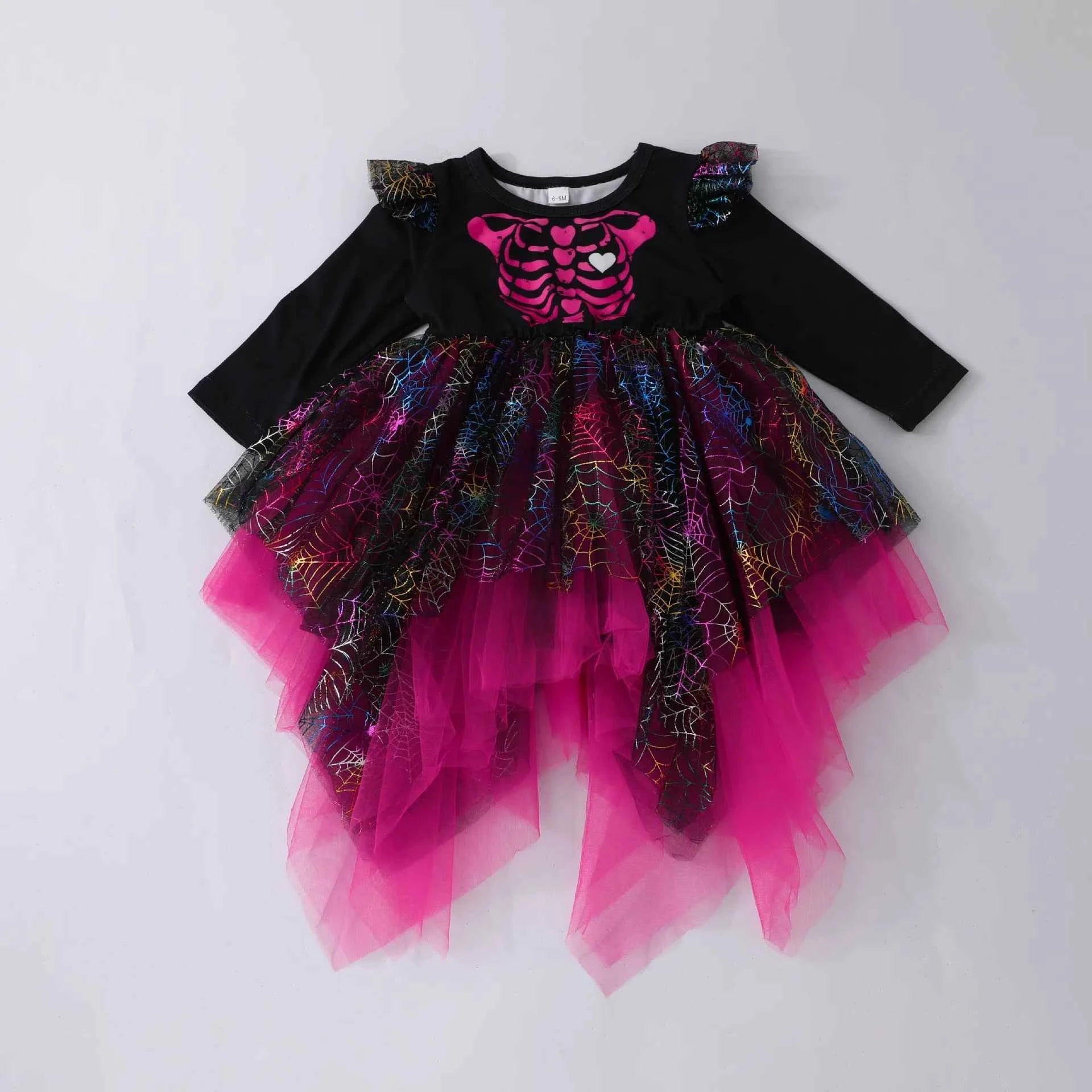 New Baby Girls Cute Cartoon Halloween Dress Long Sleeves Spliced Mesh Yarn Irregular Dress  Autumn Princess Party Tutu Dresses