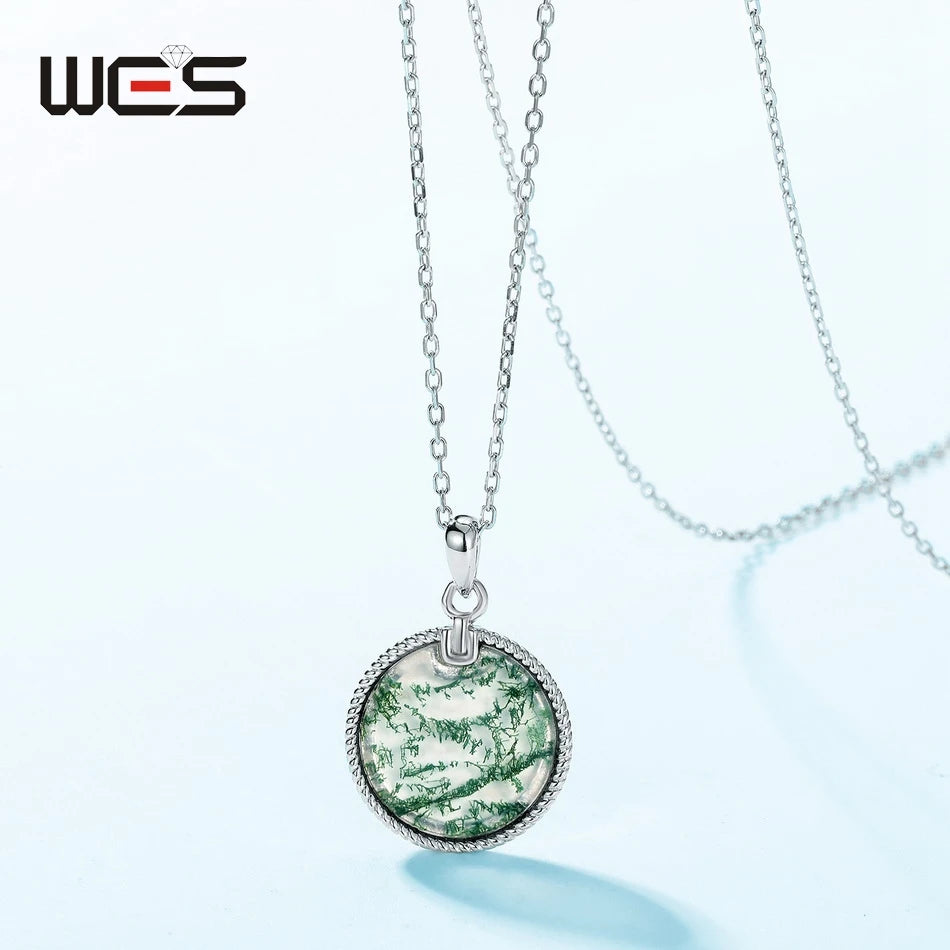 WES 100% 925 Silver Natural Unique Moss Agate Pendant Necklace for Woman Forest Jewelry Engagement Gift Boho Style Wholesale - AMULET RING STORE