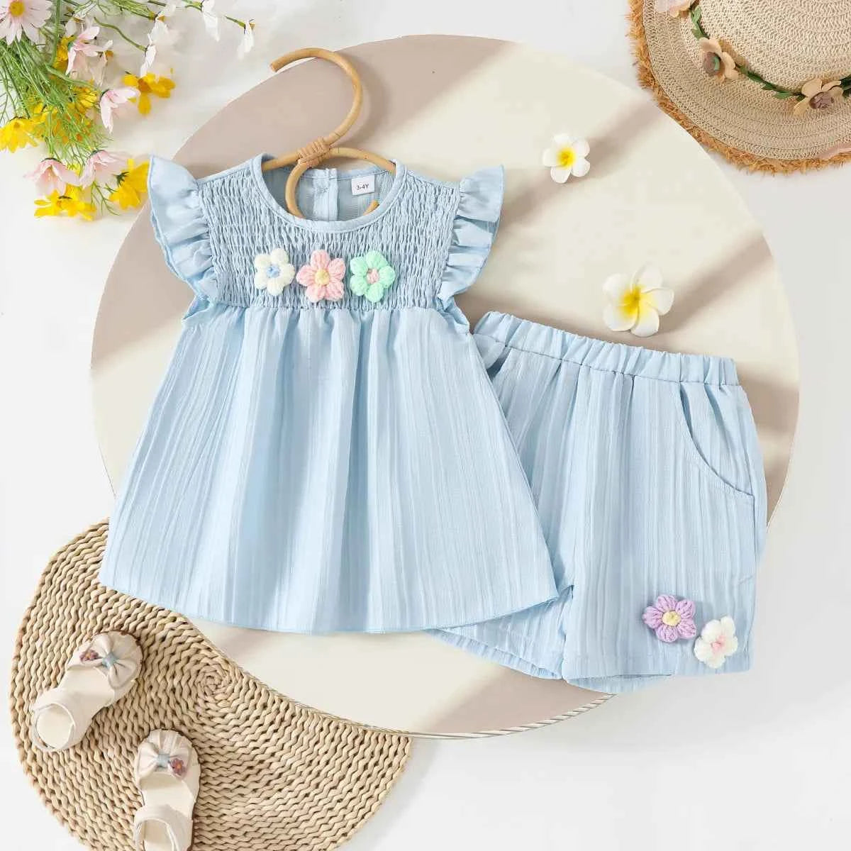 Baby Girls Summer Set Flowers Short Sleeved Top Bow Shorts Casual Toddler Clothes for Kids 1-4 Year