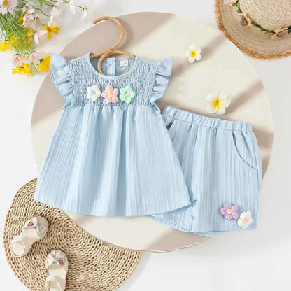 Baby Girls Summer Set Flowers Short Sleeved Top Bow Shorts Casual Toddler Clothes for Kids 1-4 Year