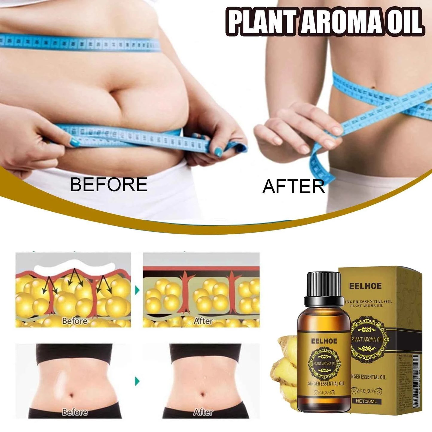 Slimming Essential Oil Quick to Absorb Fat Burning Natural Extract Belly Drainage Ginger Relax Massager Body Oil for Women 10ml