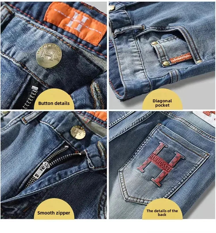 2024 Summer Lightweight Luxury European Style Jeans Men's Slim Fit Casual Long Pants Trendy High End Brand