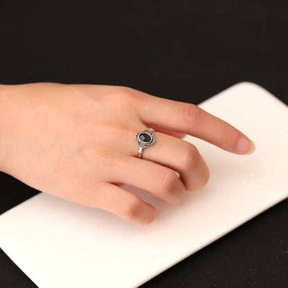 Soild S925 Silver Ring Natural Black Spinel Oval Gemstone Vintage Floral Adjustable Bands Handmade Boho Jewelry Gifts - AMULET RING STORE