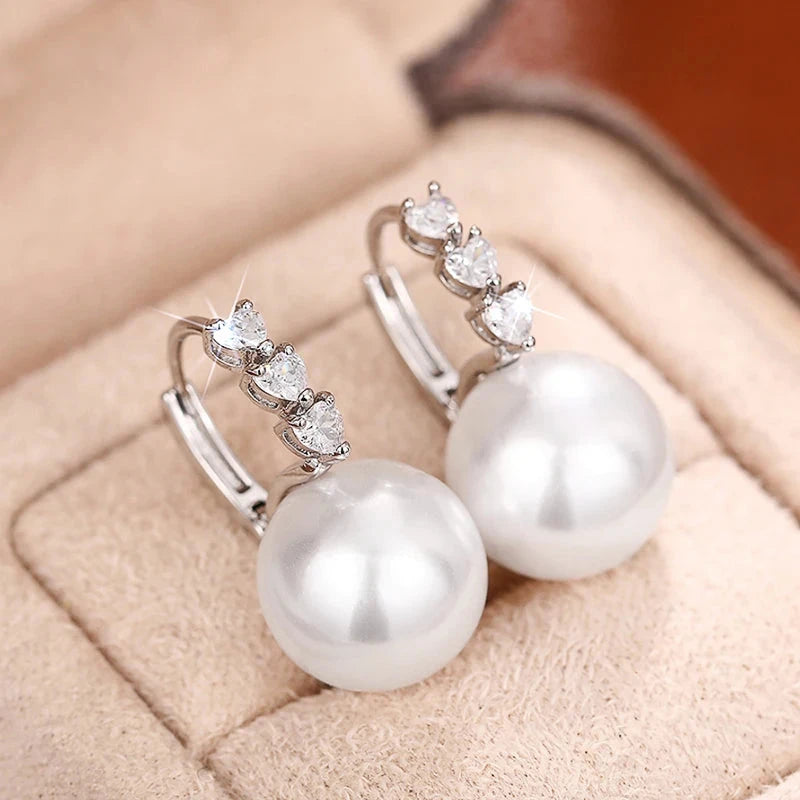 Huitan Bridal Wedding Earrings with Simulated Pearl Luxury Graceful Silver Color Shiny Heart Zirconia Accessories for Engagement - AMULET RING STORE