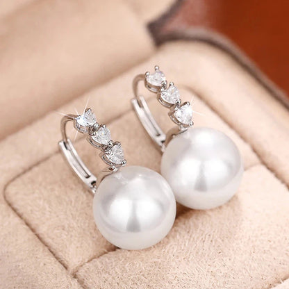 Huitan Bridal Wedding Earrings with Simulated Pearl Luxury Graceful Silver Color Shiny Heart Zirconia Accessories for Engagement - AMULET RING STORE