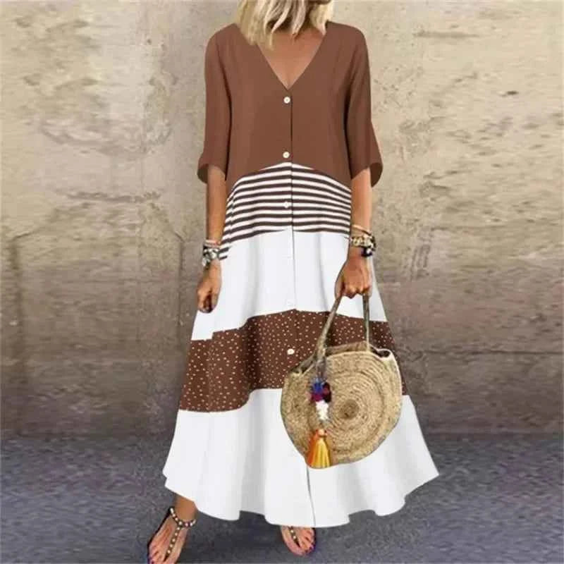 Plus size summer Women's Fashion Short Sleeve Dress V-neck Printed Long Elegant Loose Dress Button Casual Large Women's Dress