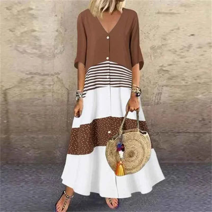 Plus size summer Women's Fashion Short Sleeve Dress V-neck Printed Long Elegant Loose Dress Button Casual Large Women's Dress