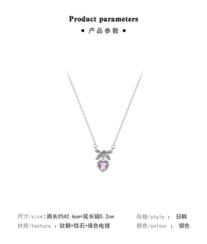 Korean Fashion Pink Crystal Heart Bow Tie Pendant Necklace Silver Color Chain Neck Necklace for Women Wedding Aesthetic Jewelry