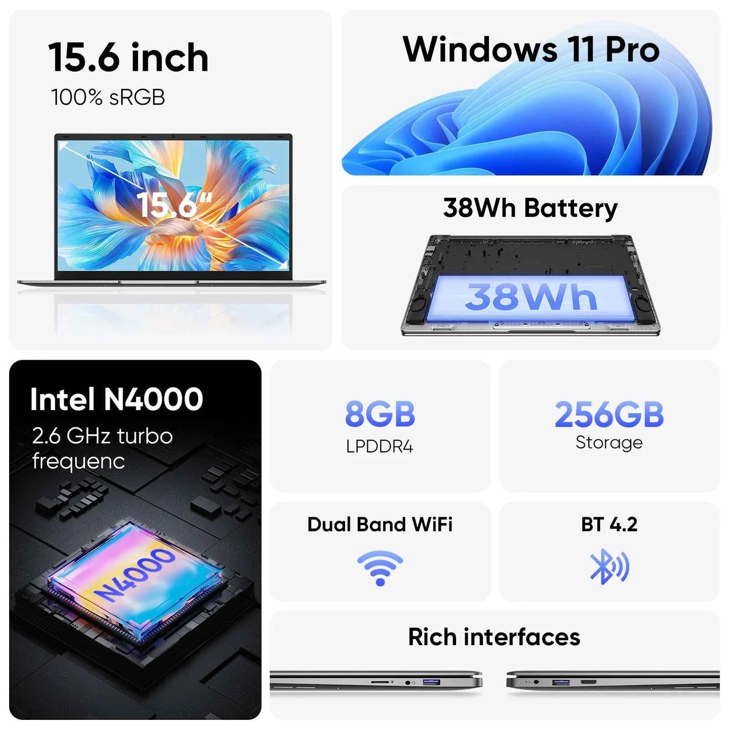 15.6 "Thin & Portable Laptop Computer Intel Celeron N4000 8GB RAM 256GB SSD FHD 1920x1080 16:9 Display For Work And Study