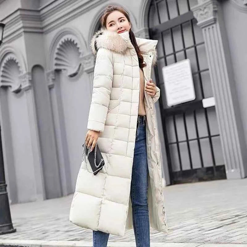 Women's Long Overknee Winter Cotton Padded Coat 2025 Off Season Sale Korean Style Slim Fit Faux Fur Collar Thickened Down Jacket