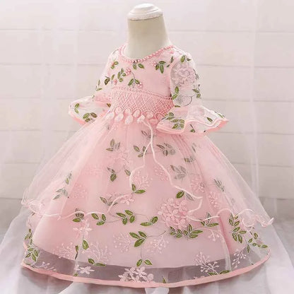 Long Sleeve Flower Baby Girls Dresses Newborn Pink 1st Birthday Tulle Princess Dress For Girl Bridesmaid Wedding Summer Clothing