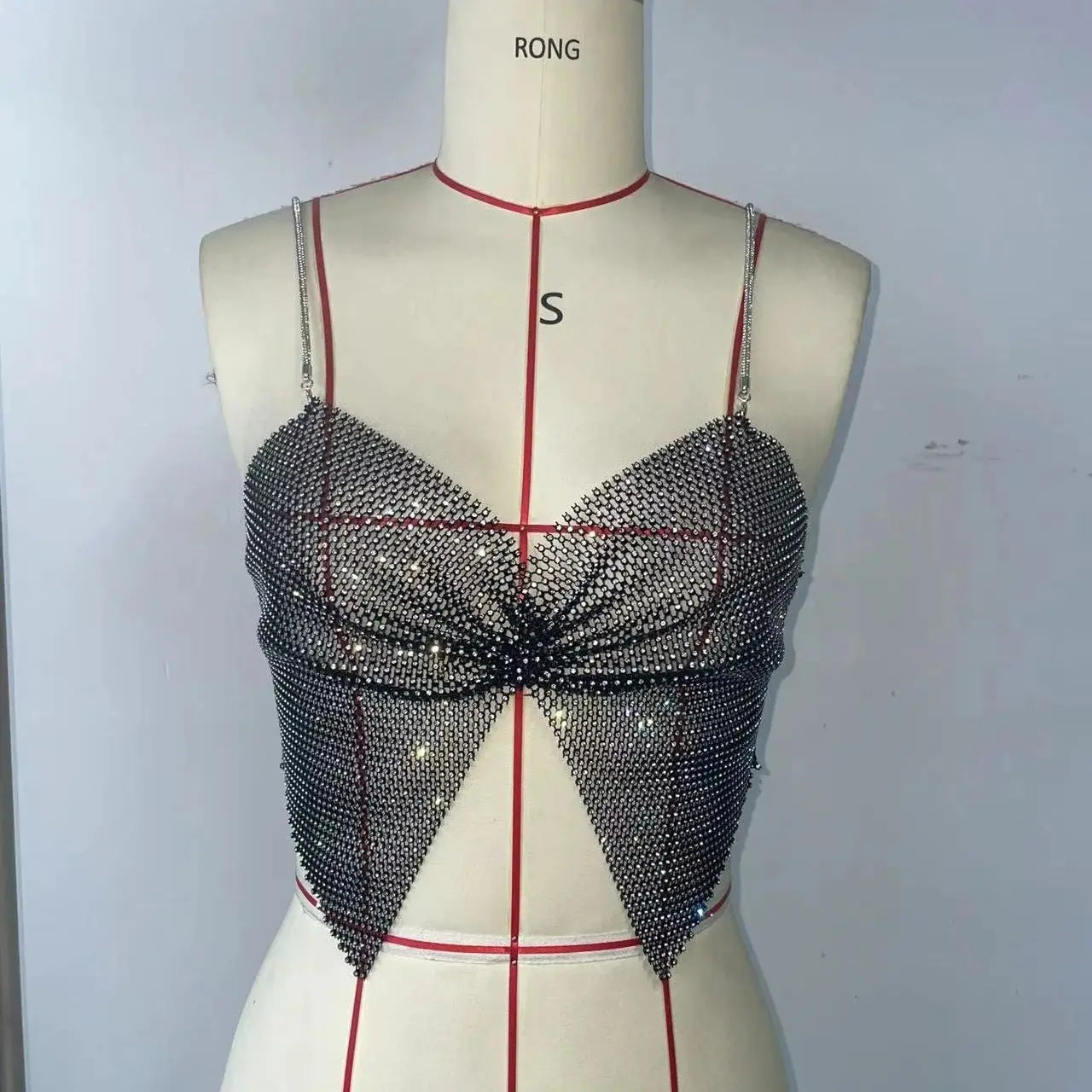 Summer Women Elastic Fishnet Crop Top Glitter Rhinestone Mesh Fine Flash Shoulder Strap V Neck Tank Top Rave Festival Camisole - AMULET RING STORE