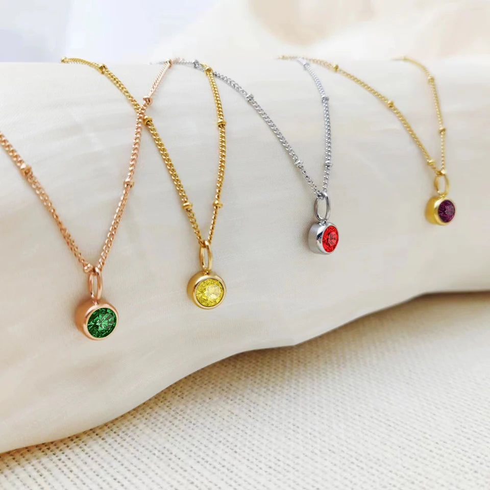 Stainless Steel Birthstone Necklace Beaded Chain Zirconia Pendant DIY Necklace Constellation Birthday Gift Jewelry Wholesale