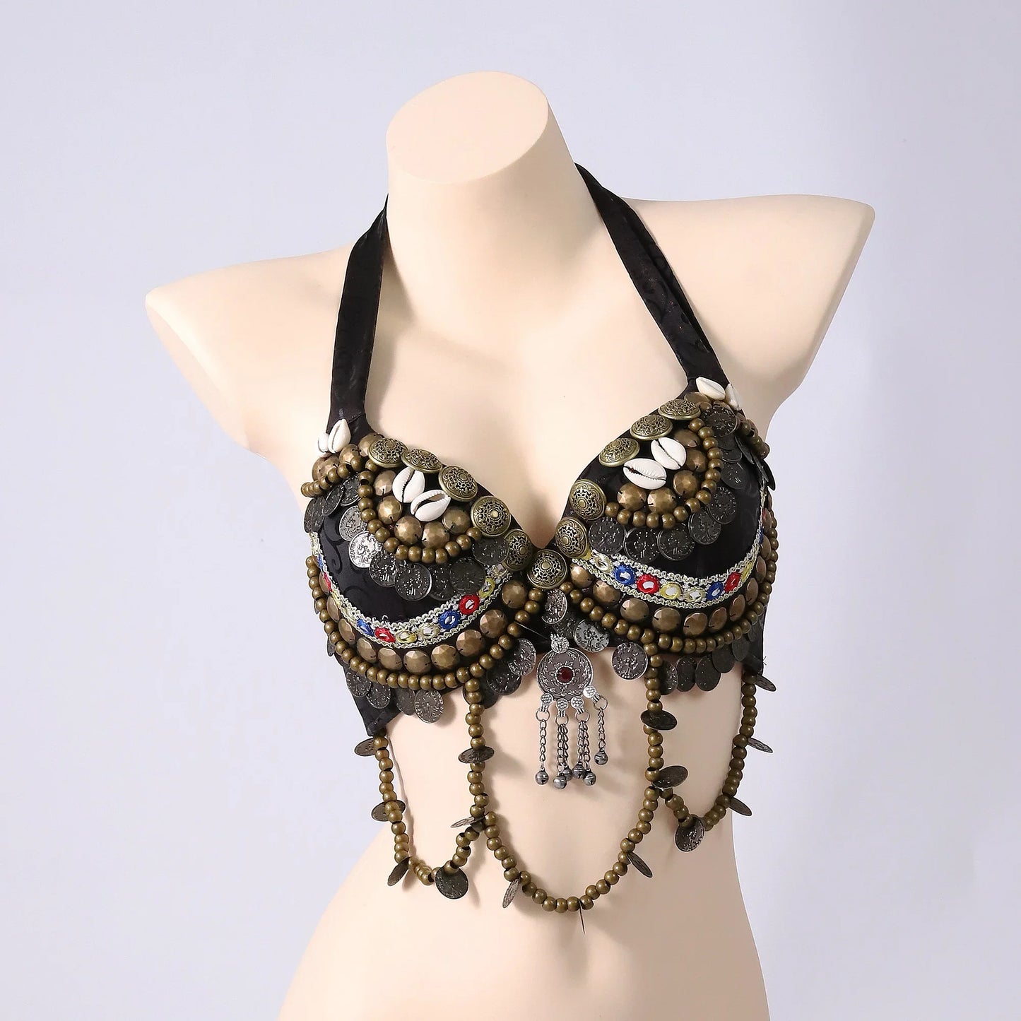 Vintage Gypsy Bra Tribal Belly Dance Push Up Bra Wooden Beads Top with Swags and Turquoise Medallion