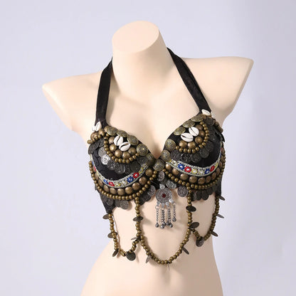 Vintage Gypsy Bra Tribal Belly Dance Push Up Bra Wooden Beads Top with Swags and Turquoise Medallion
