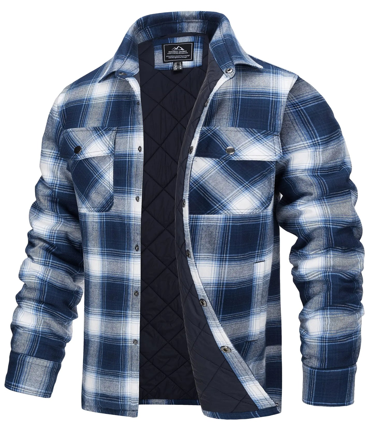 TACVASEN Winter Plaid Cotton Jackets Mens Long Sleeve Quilted Lined Flannel Shirt Jacket Multi-Pockets Outwear Hiking Coats Tops
