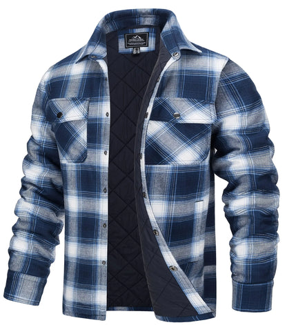 TACVASEN Winter Plaid Cotton Jackets Mens Long Sleeve Quilted Lined Flannel Shirt Jacket Multi-Pockets Outwear Hiking Coats Tops