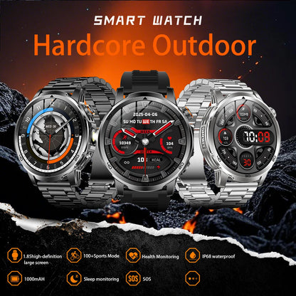 2026 New Outdoor Military Smart Watch For Men 1.85" AMOLED 1000mAh Battery IP69K Swim Flashlight Heart Rate Wireless Call Watchs