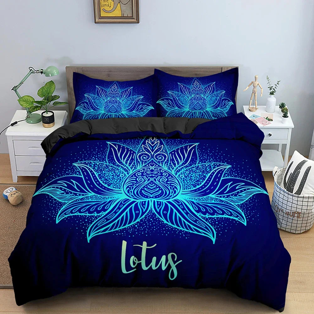2/3pcs Bed Set Bohemian Lotus Duvet Cover Set Mandala Flower Quilt Cover Adult Black Polyester Bedding Set Queen King Twin Teens - AMULET RING STORE