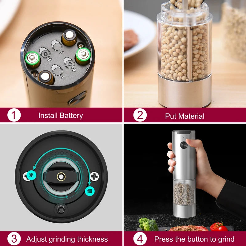 Electric Salt And Pepper Grinder With Adjustable Coarseness Refillable Mills Battery Powered Pepper Grinder Kitchen Gadget Tool - AMULET RING STORE