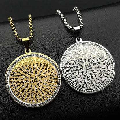 Allah Quran Arabic Letter Rhinestones Pendant Necklaces for Women Men Stainless Steel Gold Color Islam Muslim Chains Jewelry
