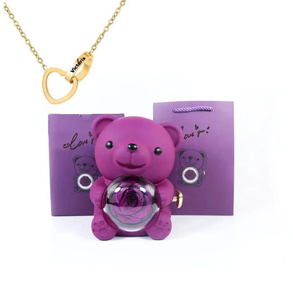 Eternal Rose Teddy Bear Jewelry Box with Custom Name Necklace Valentine Wedding Special Present for Girlfriend Anniversary gift - AMULET RING STORE