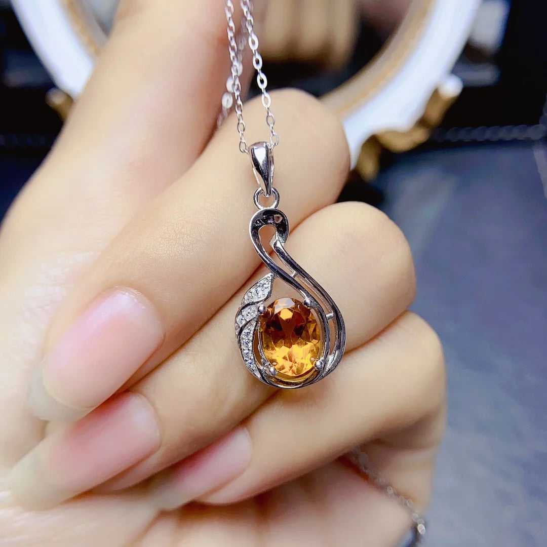 FS S925 Sterling Silver 7*9mm Natural Citrine Pendant Necklace With Certificate Fine Charm Weddings Jewelry for Women MeiBaPJ