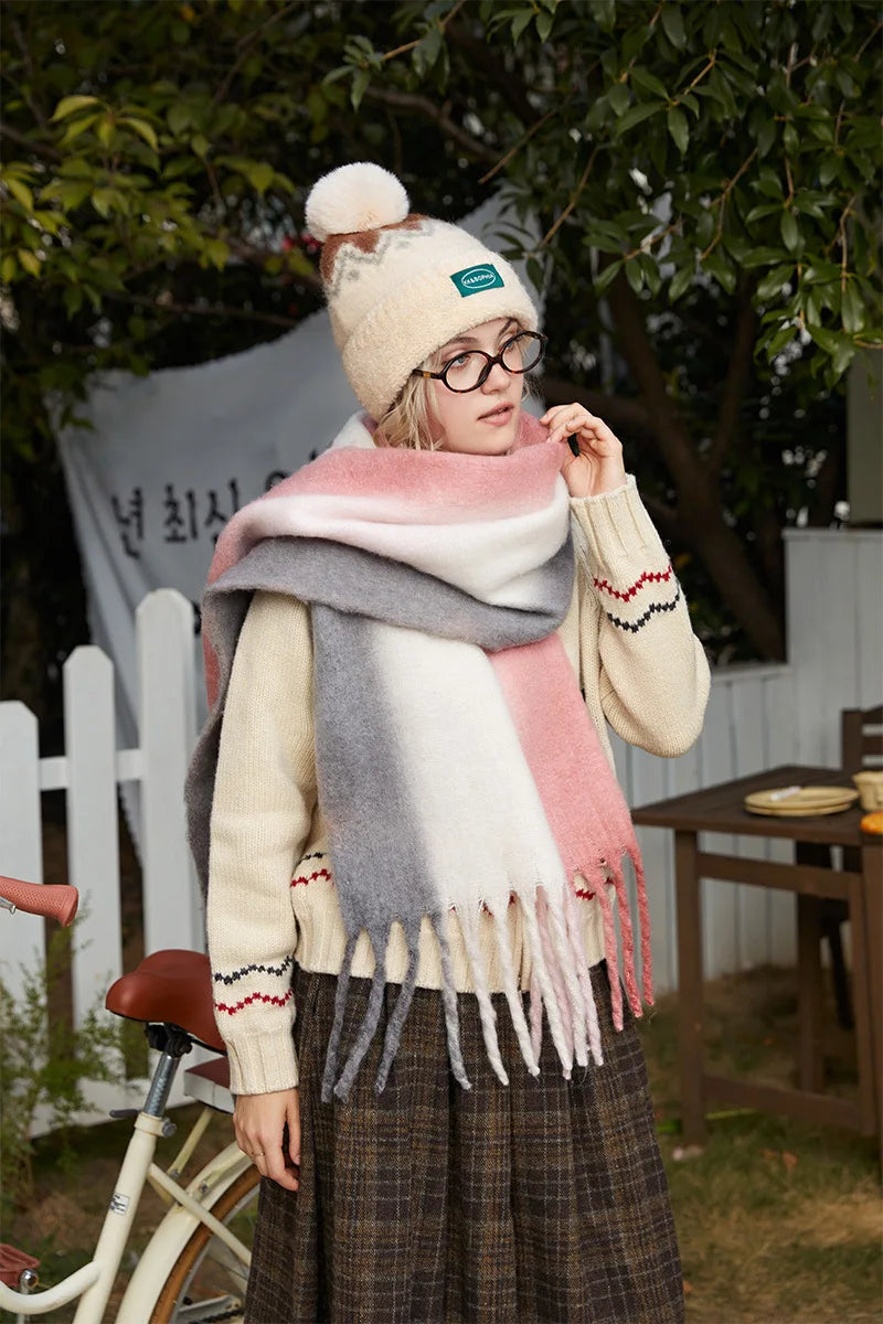 New Fashion Mohair Stripted Tassel Scarf Women Autumn Winter Korean Version Thickened Warm Soft Female Shawl Colorful Muffler