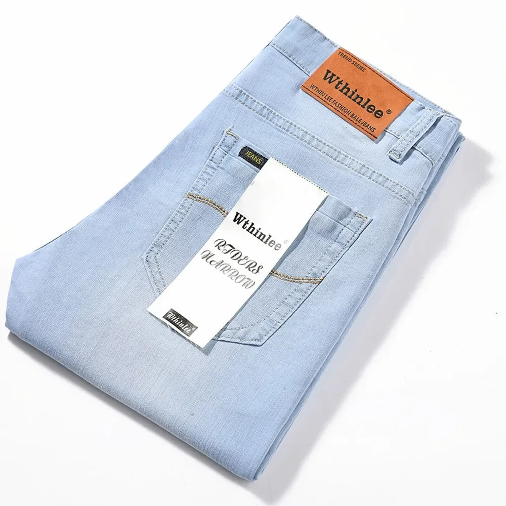 Brand Jeans 2025 Summer Business Jeans Men Light Blue Casual Straight Stretch Fashion Classic Work Denim Trousers Male Clothing