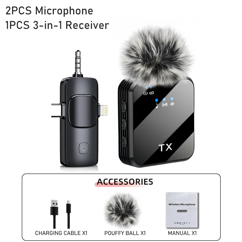 3in1 Wireless Lavalier Microphone for Camera,iPhone,Android,Microphone for Video Recording Recording Podcast Noise Reduction mic