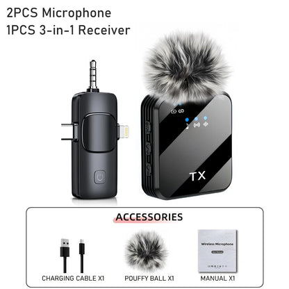 3in1 Wireless Lavalier Microphone for Camera,iPhone,Android,Microphone for Video Recording Recording Podcast Noise Reduction mic