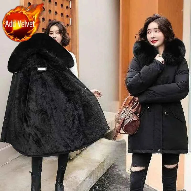 2025 Winter Women's Parka Cotton Padded Coat Korean Style Mid Length Waist Cinching Thickened for Cold Suitable for Short Girls