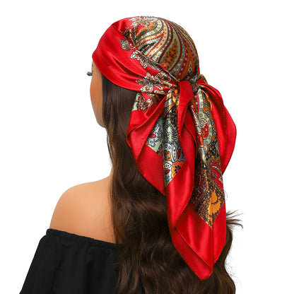 Head Scarf Women Luxury Brand Square 90*90cm Silk Foulard Satin Bandana Cheveux Soft Neckerchief Hijab Hair Scarves For Ladies - AMULET RING STORE