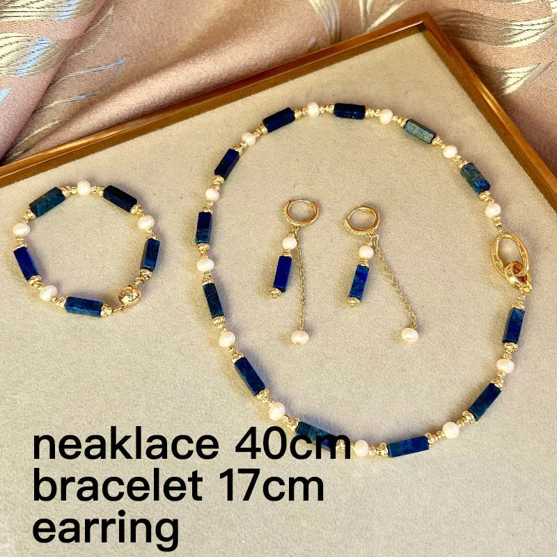 Exclusive Design Personalized Natural Freshwater Pearl Lapis lazuli Necklace Bracelet Earrings Copper Plated 14k Gold Accessorie