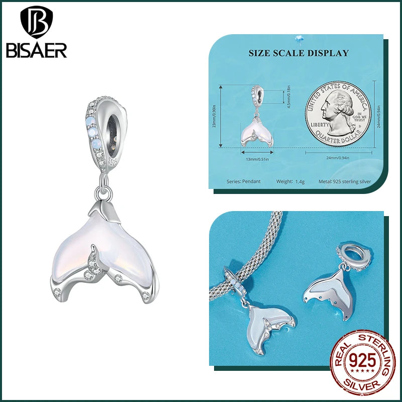 BISAER 925 Sterling Silver Charm Ocean Style Fish Dolphin Mermaid Shell Blue CZ Bead For Necklace&Bracelet DIY Fine Jewelry Gift - AMULET RING STORE