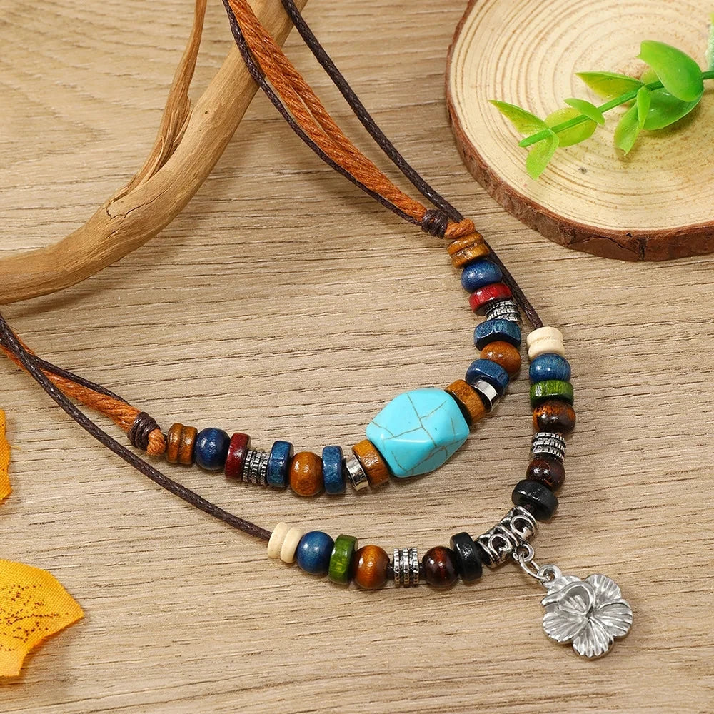 Men 2 Layers Leather Rope Necklace Vintage Fashion Retro Creative Natural Wood Layered Pendant Charm Wax Rope Faux Leather