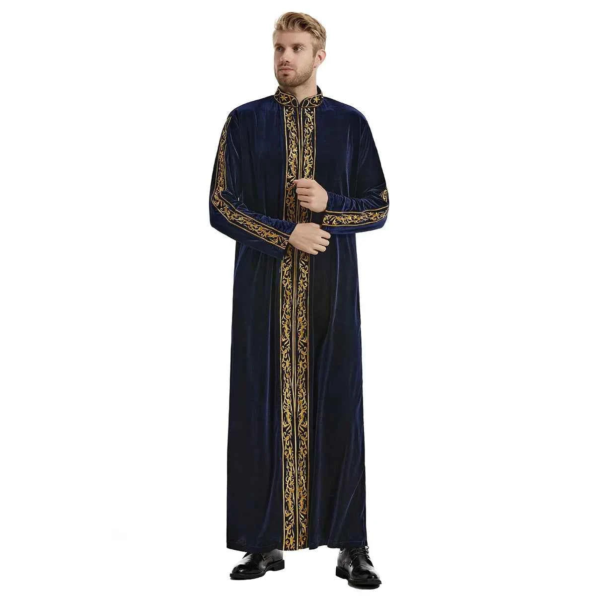 2025  Muslim golden velvet embroidered robe hui thickened embroidered famous thobe for men