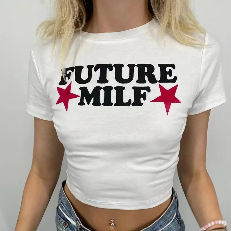 90s FUTURE MILF Stars Print T-shirts Fashion Casual O Neck Short Sleeve Crop Tops Y2K Summer Sexy E-girl Baby Tee Women Clothing - AMULET RING STORE