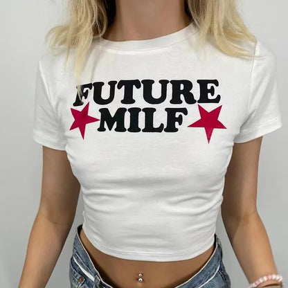 90s FUTURE MILF Stars Print T-shirts Fashion Casual O Neck Short Sleeve Crop Tops Y2K Summer Sexy E-girl Baby Tee Women Clothing - AMULET RING STORE