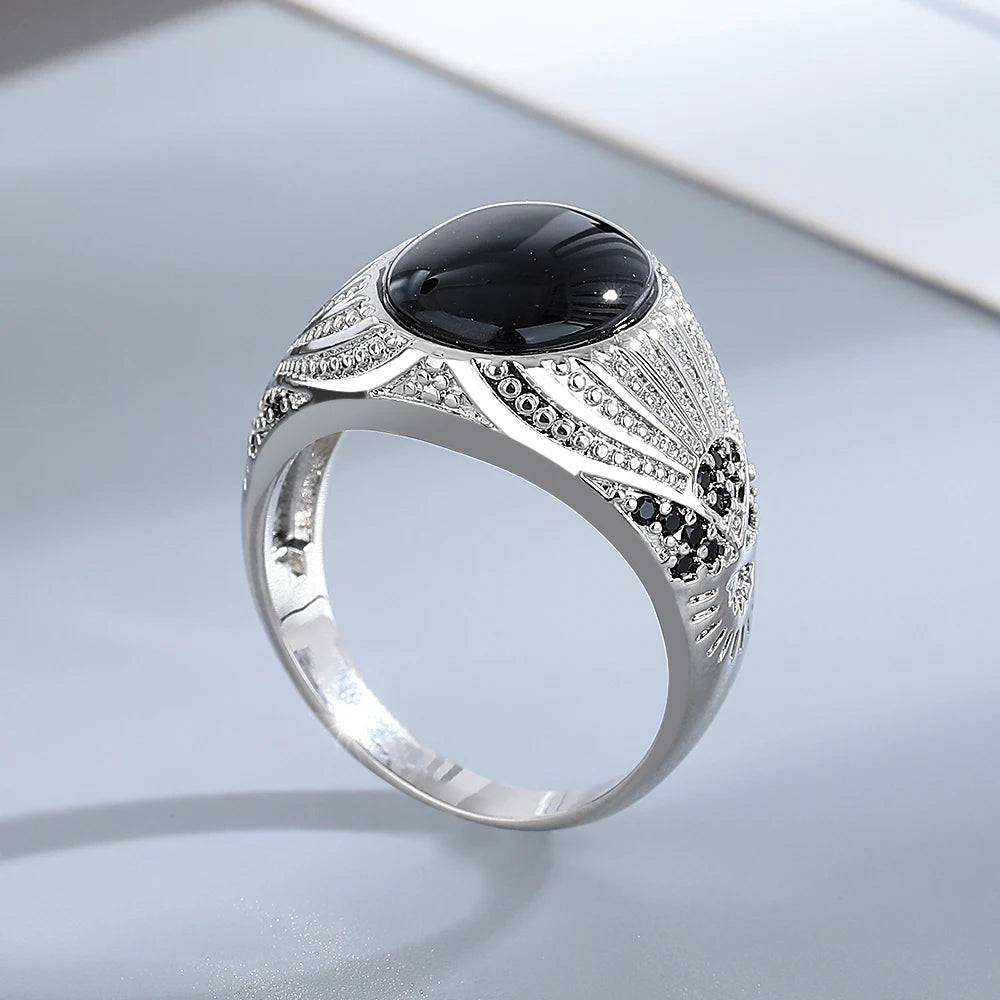 Silver Jewelry Ring Natural Oval Rectangle Big Black Agate Stone Vintage Ring For Women Party Anniversary Gifts Fine Jewelry