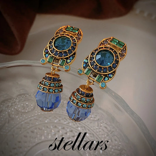 Vintage Non-Pierced Blue Crystal Teardrop Clip-On Earrings, French Luxe Palace Style, Elegant High-End Women's Earrings