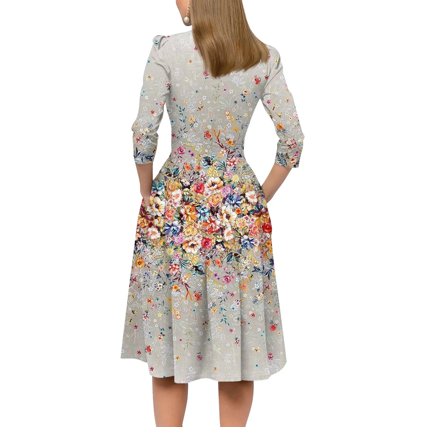 Traf Women 2025 Women'S Casual And Fashionable 3/4 Sleeve Pocket With Back Zipper Dress