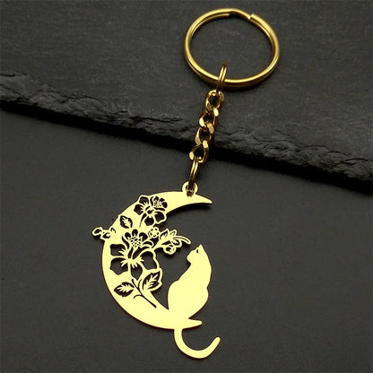 Aesthetic Cat Flower Moon Crescent Necklace for Women Men Stainless Steel Silver Color Bohemia Chain Gift Jewelry collar 3220