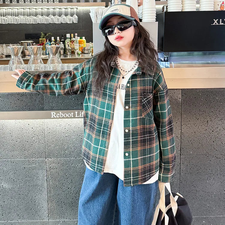 2025 Spring Girls Plaid Shirt Comfort Fashion Teen Kids Tops Clothes Casual All-match Long Sleeve Children Blouse 10 12 13 Years