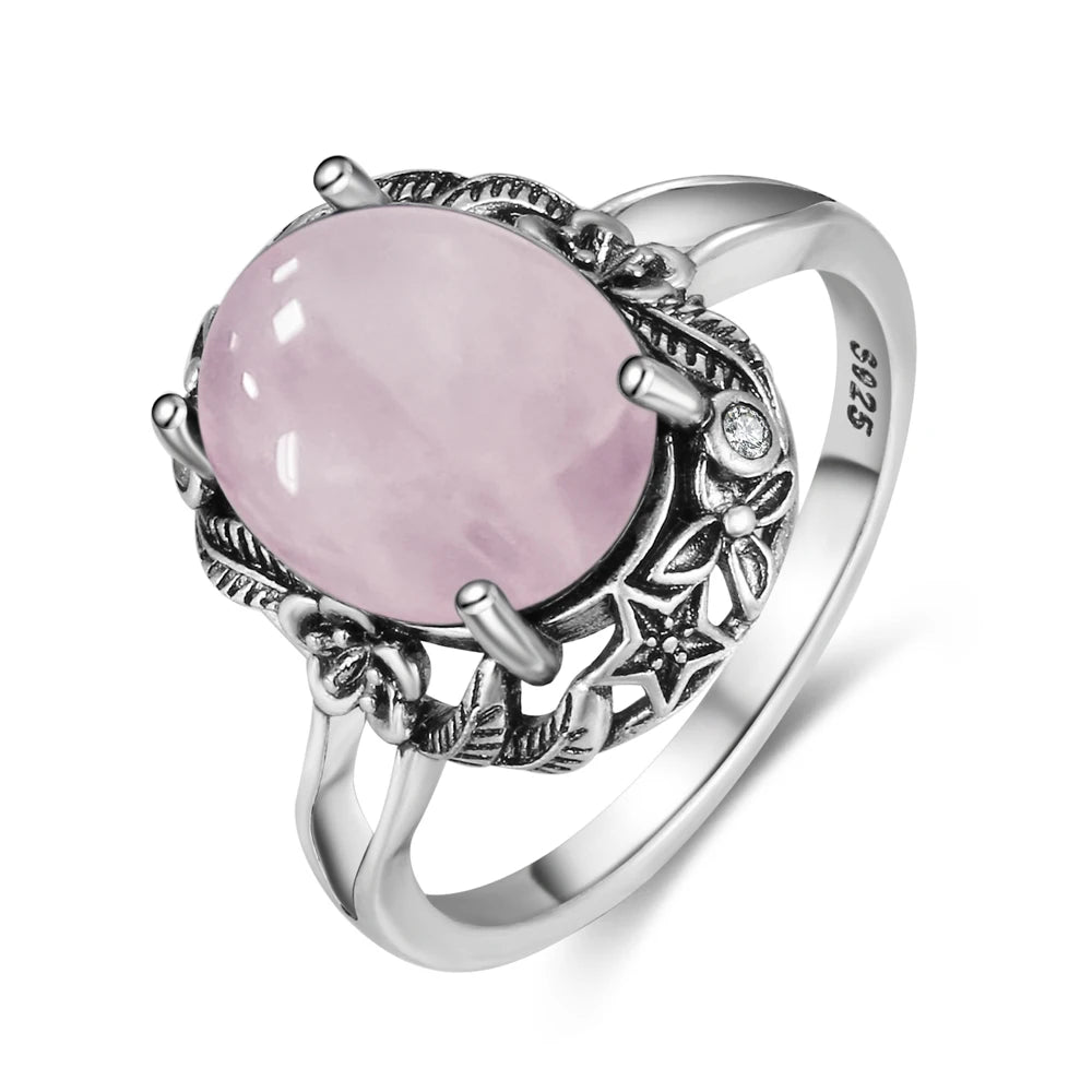 Vintage 925 Sterling Silver Ring Irregular Flowers Natural Rose Quartz Punk Ring Bohemian Silver Ring Fine Jewelry For Women
