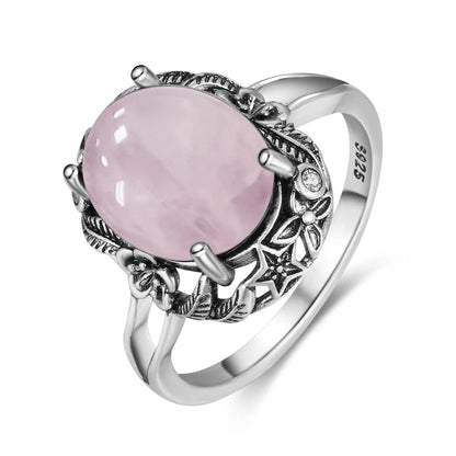 Vintage 925 Sterling Silver Ring Irregular Flowers Natural Rose Quartz Punk Ring Bohemian Silver Ring Fine Jewelry For Women