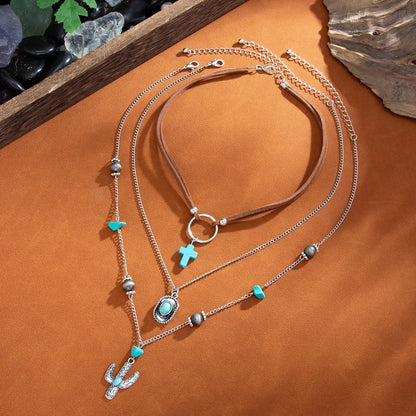 Ethnic Style Women Leaf Choker Woven Rope Leather Tassel Turquoise Stone Necklace Feather Pendant Retro Bohemian Necklace - AMULET RING STORE