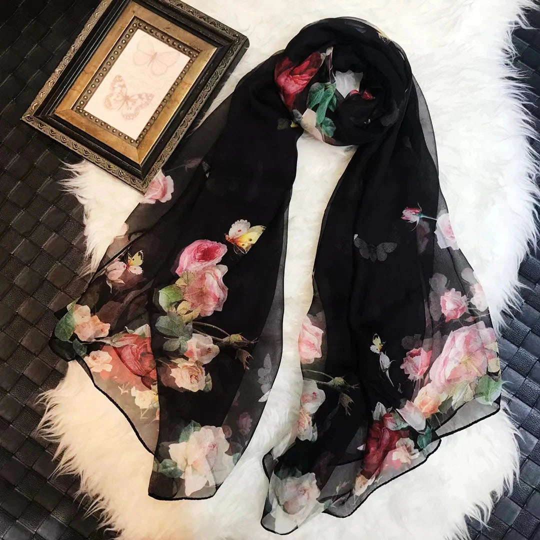 BYSIFA|New Black Pink Peony 100% Silk Shawl Scarf Women Chiffon Long Silk Scarves Cape Summer Foulard Winter Brand Scarves Wraps